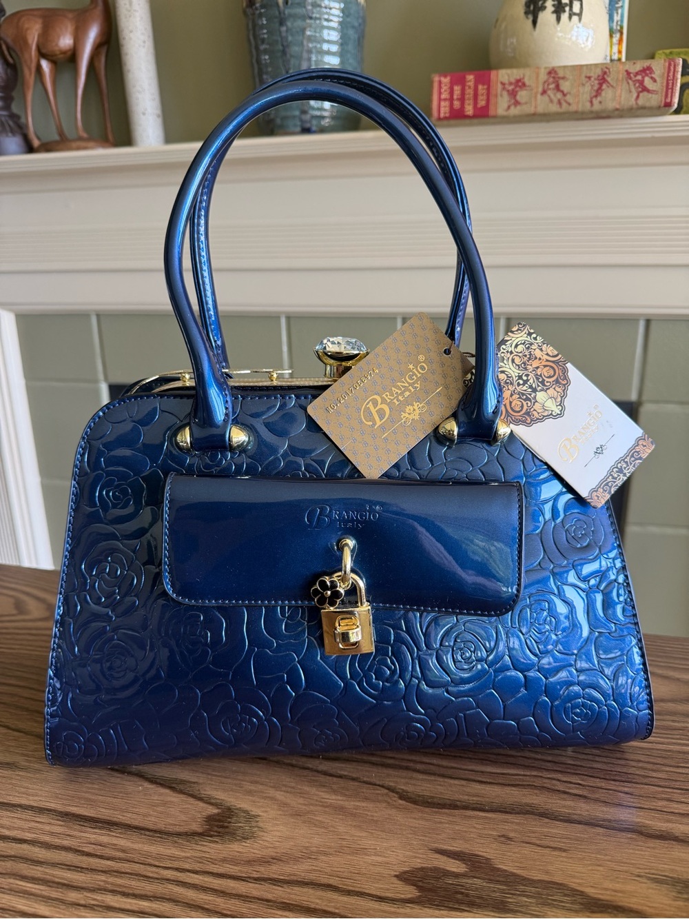 NWT Brangio Italy Hi-Glass Rose Embossed Vegan Leather Bag- Royal Blue Satchel
